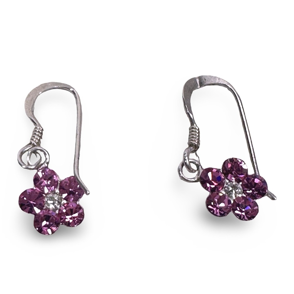 925 Sterling Silver Purple Crystal Flower Drop Dangle Earrings Floral Gray